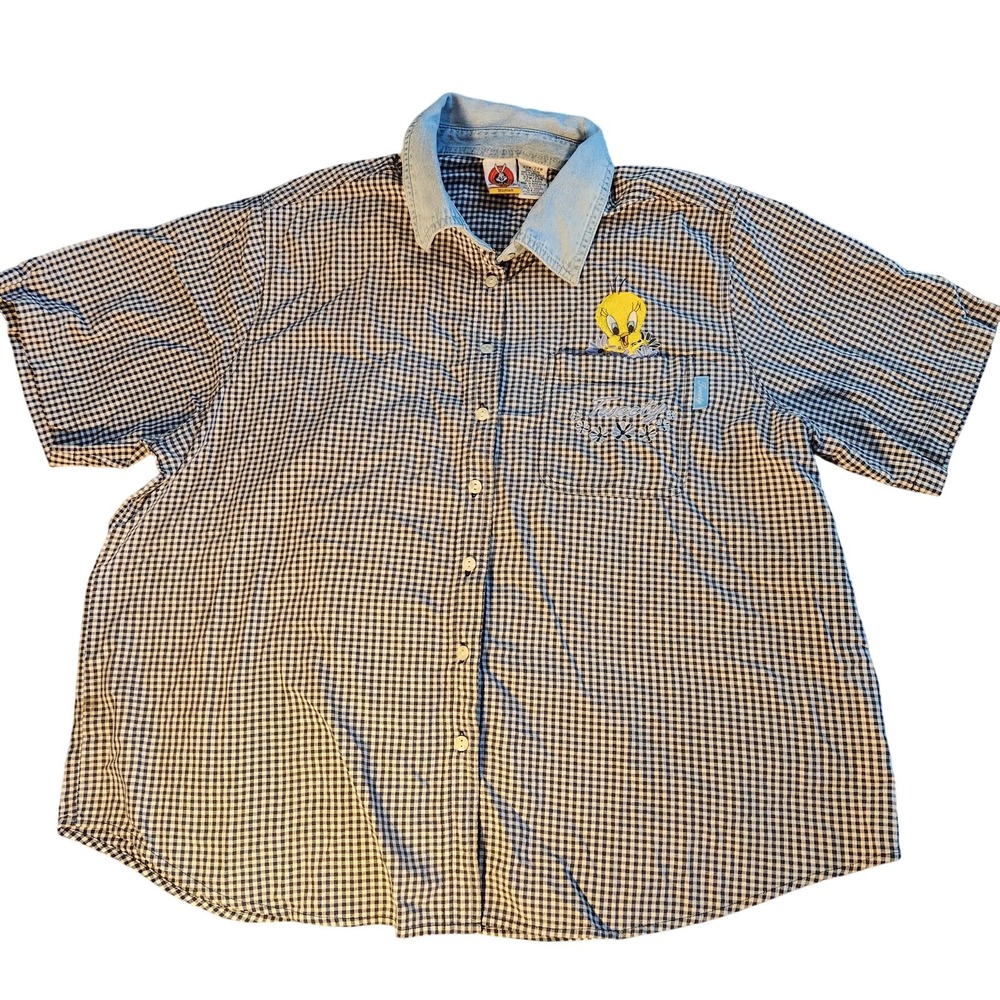 Looney Tunes Tweety Shirt Womens 22W 24W Blue Gingham Plaid Embroidered Pocket